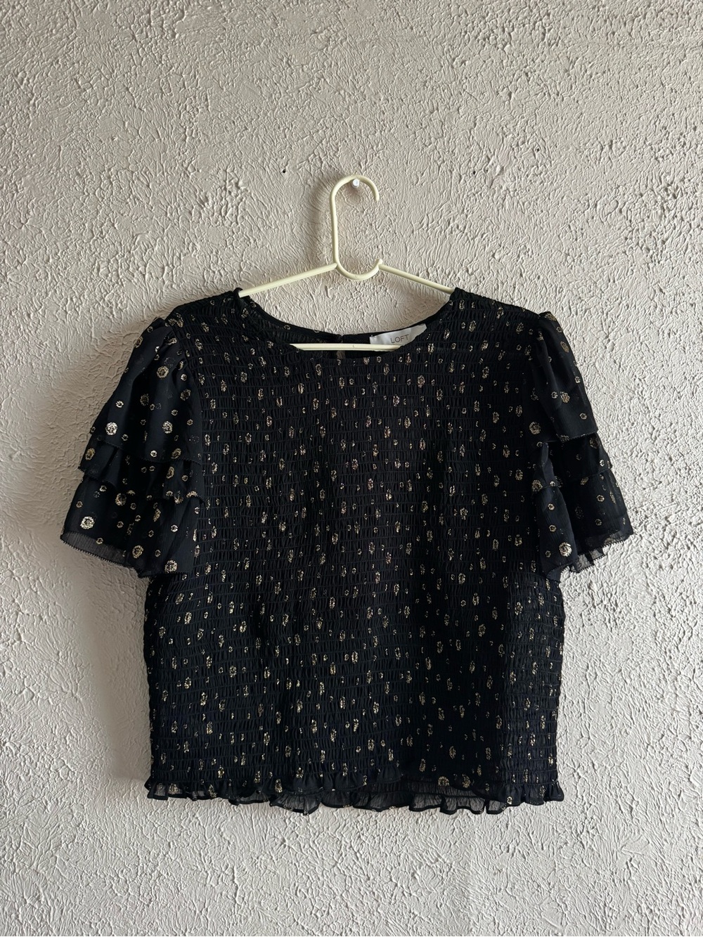 LOFT Black Short Sleeve Blouse with Gold Dot Detail
